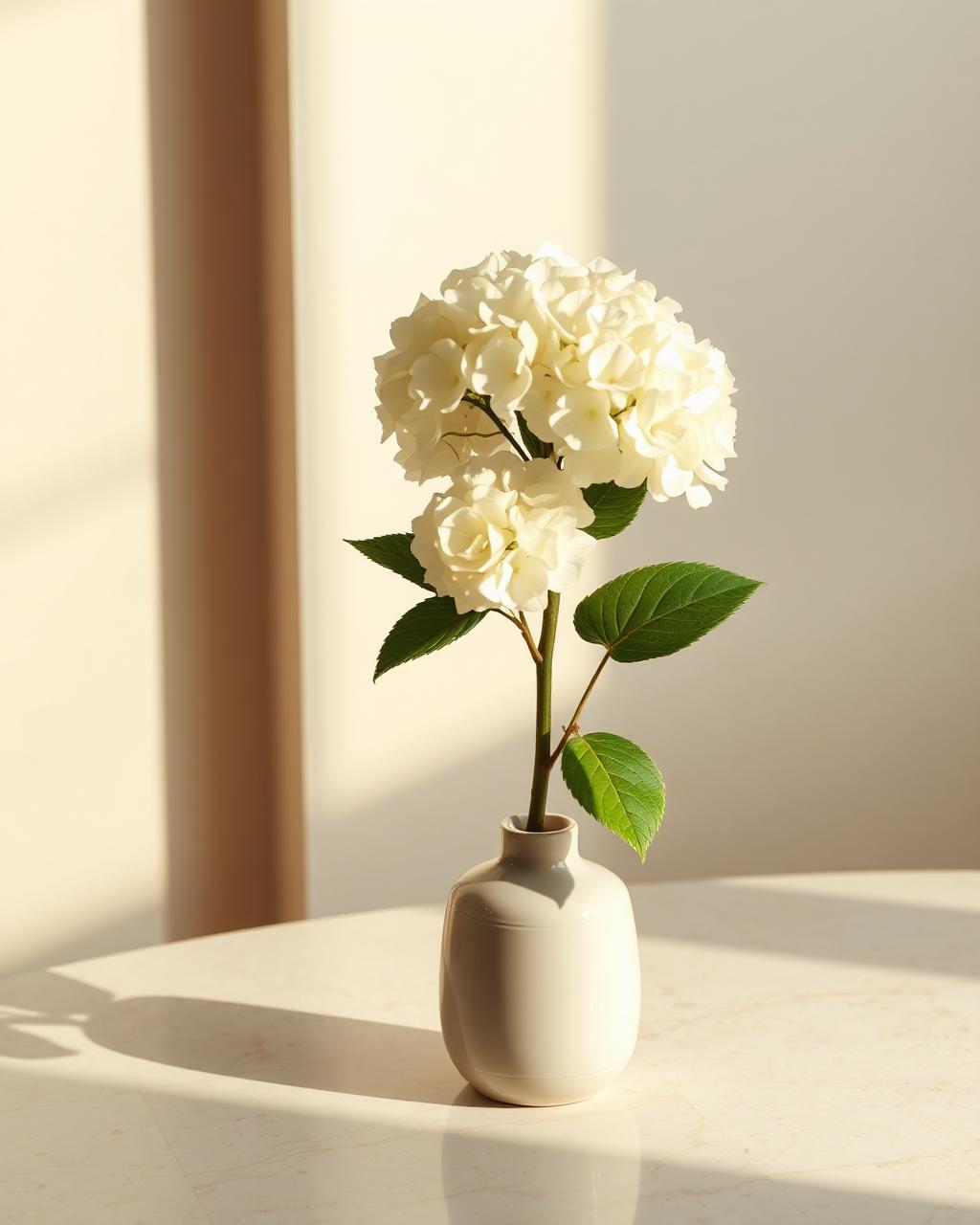 Weiße Hortensie in schlichter Vase